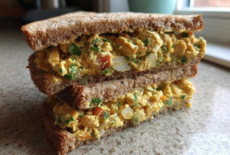 A stacked, halved Vegan Chickpea Salad Sandwich made with whole wheat bread, showing the creamy, yellow chickpea filling.