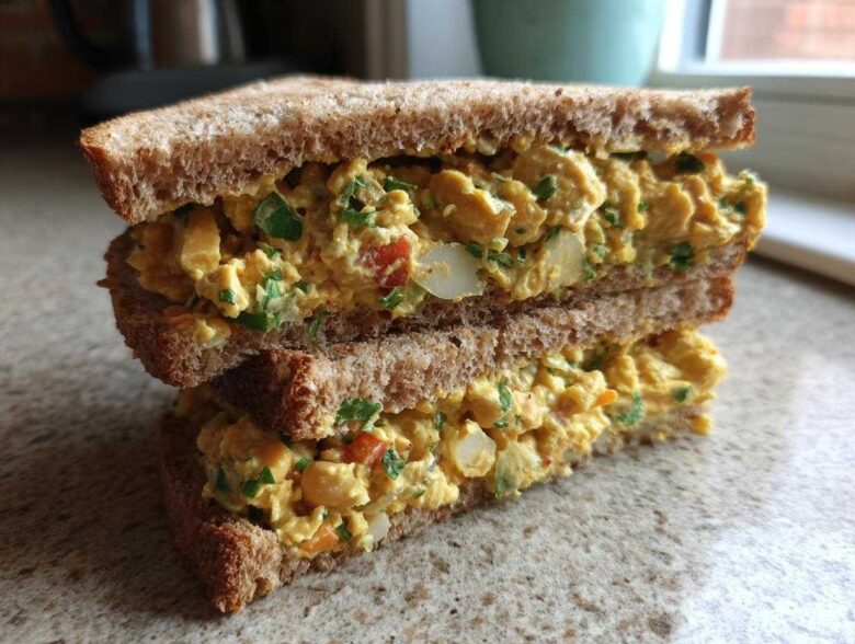 A stacked, halved Vegan Chickpea Salad Sandwich made with whole wheat bread, showing the creamy, yellow chickpea filling.