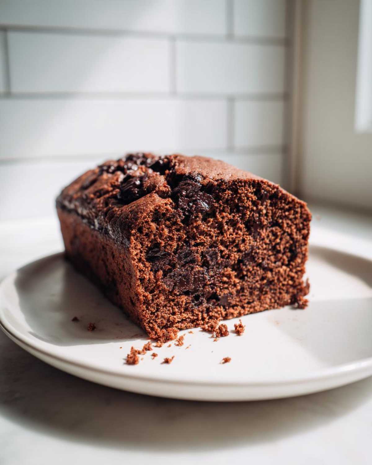 A close-up, dramatic shot of a slice of moist Vegan Chocolate Banana Bread on a white plate.