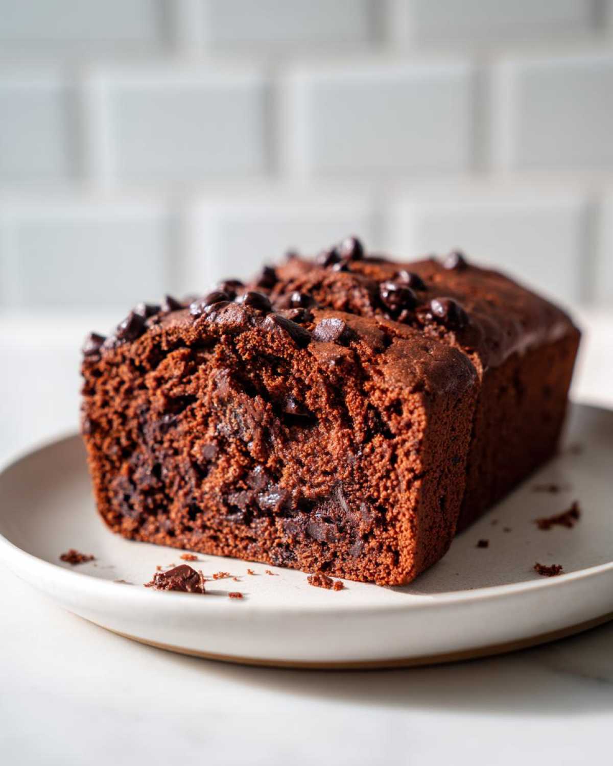 Close-up of a rich, moist slice of Vegan Chocolate Banana Bread topped with chocolate chips.