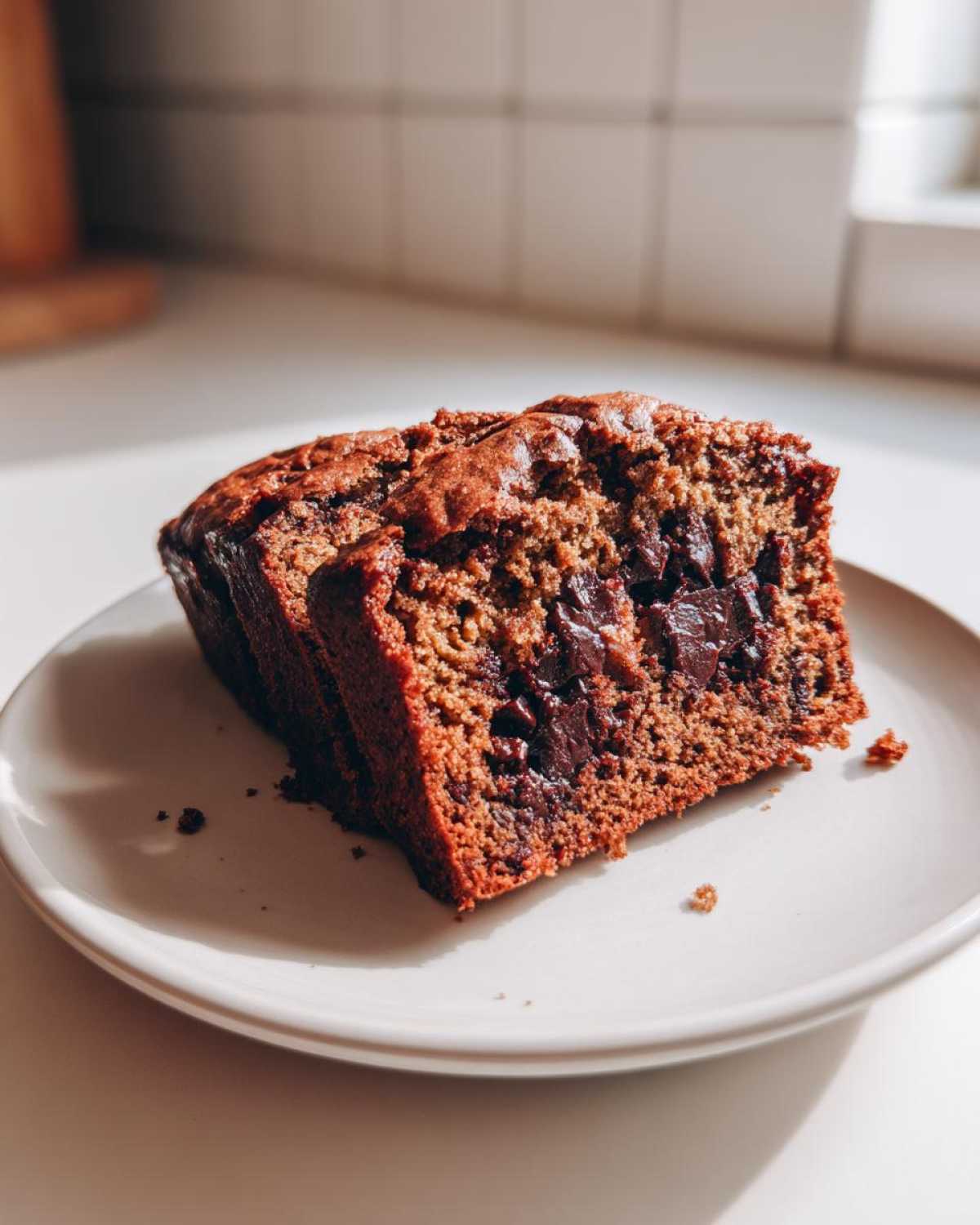 A moist slice of Vegan Chocolate Banana Bread with visible melted chocolate chunks on a white plate.