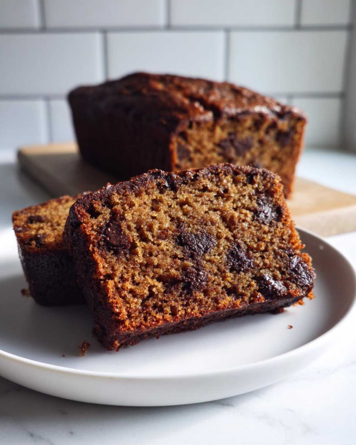 Two thick slices of moist Vegan Chocolate Banana Bread featuring visible chocolate chips, served on a white plate.
