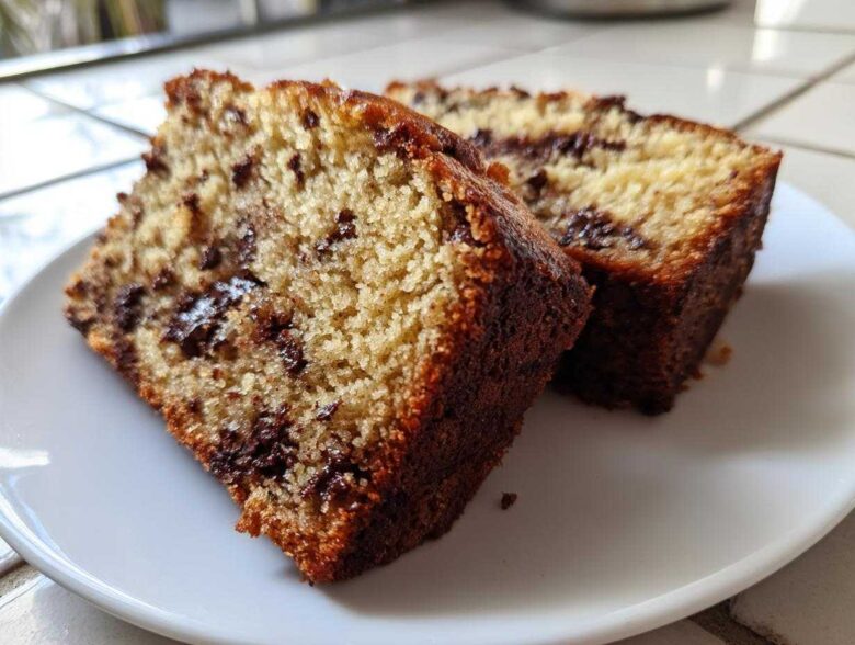 Two moist slices of Vegan Chocolate Banana Bread studded with melted chocolate chips, served on a white plate.