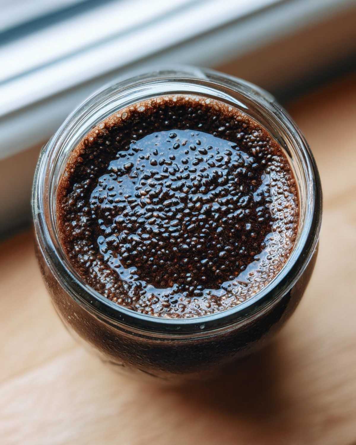 Overhead view of rich, dark Vegan Chocolate Chia Pudding texture in a glass jar.