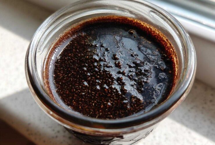 Overhead close-up view of dark, rich Vegan Chocolate Chia Pudding texture in a glass jar.