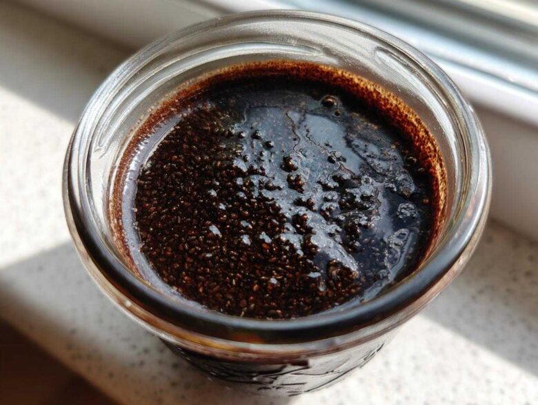 Overhead close-up view of dark, rich Vegan Chocolate Chia Pudding texture in a glass jar.