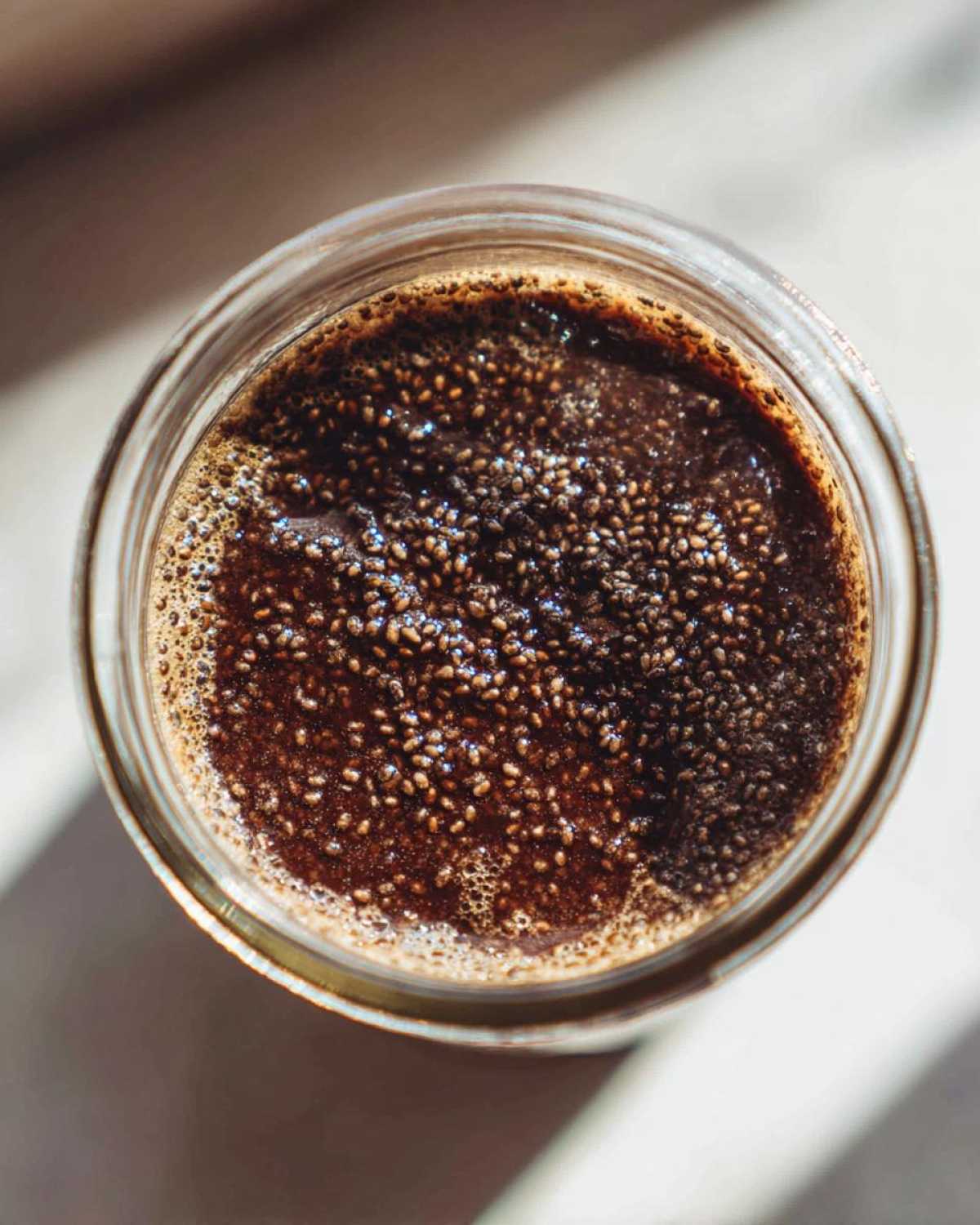 Overhead view of rich, dark Vegan Chocolate Chia Pudding showing the texture of hydrated chia seeds.