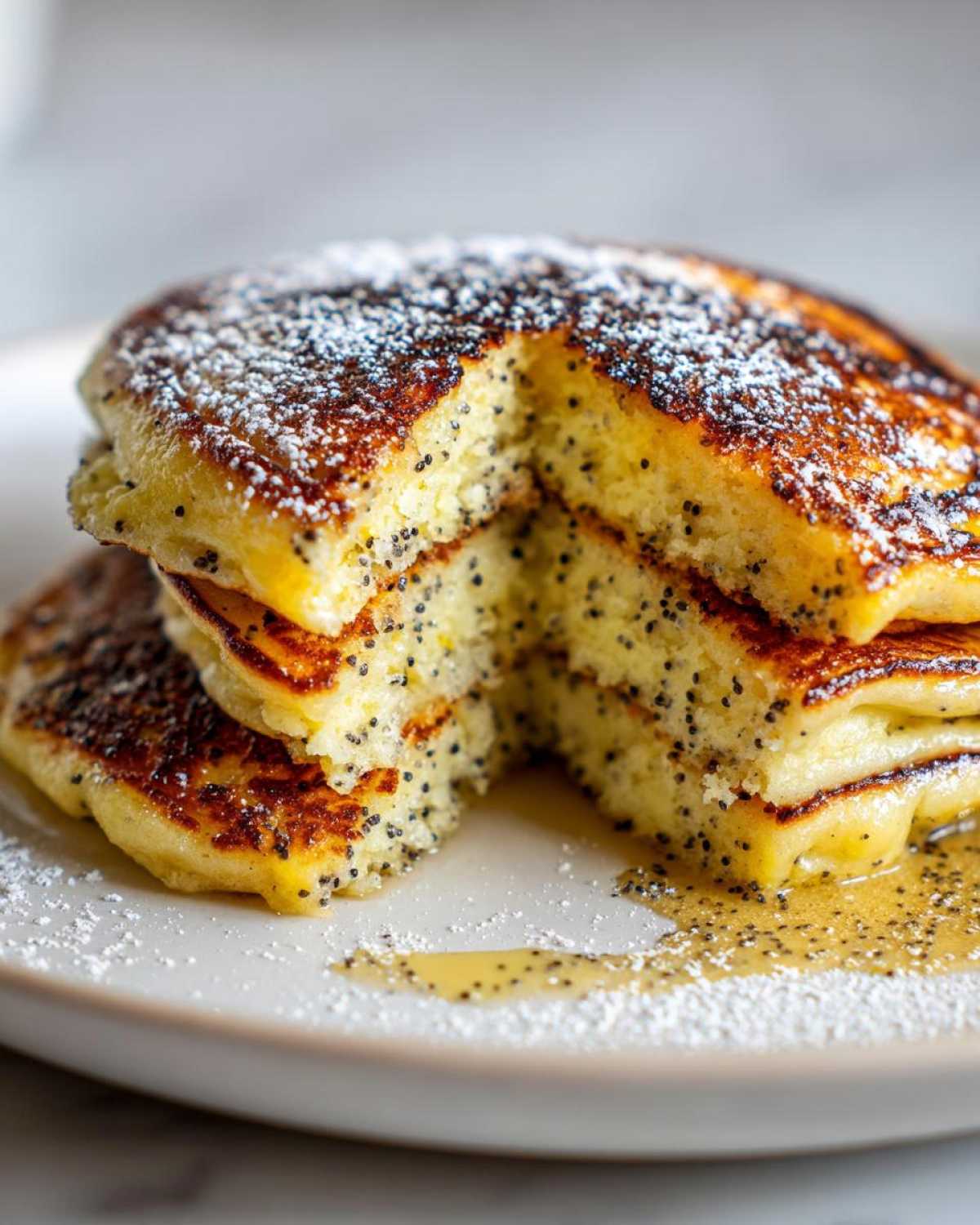 Close-up of a stack of fluffy Vegan Lemon Poppy Seed Pancakes dusted with powdered sugar and drizzled with syrup.