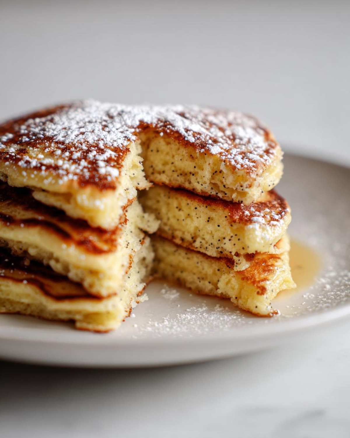 Close-up of a stack of fluffy Vegan Lemon Poppy Seed Pancakes dusted with powdered sugar.