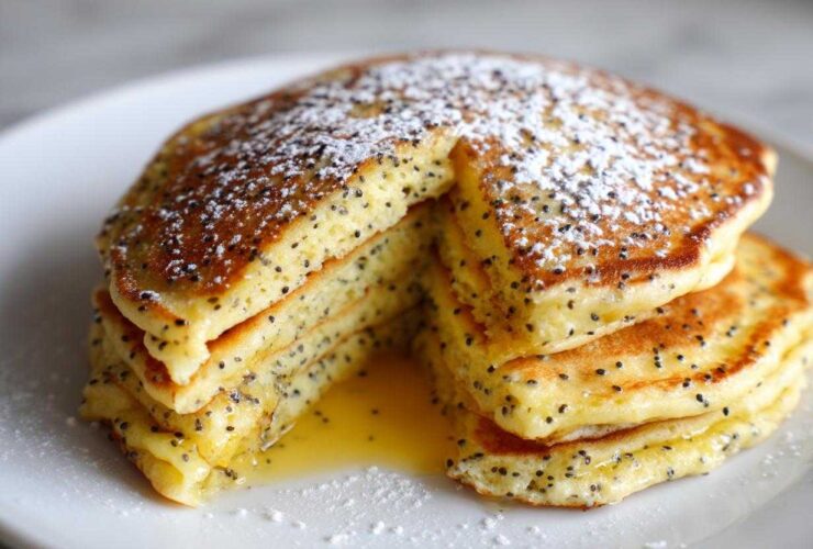 A stack of fluffy Vegan Lemon Poppy Seed Pancakes, cut to show the interior, drizzled with syrup and dusted with powdered sugar.