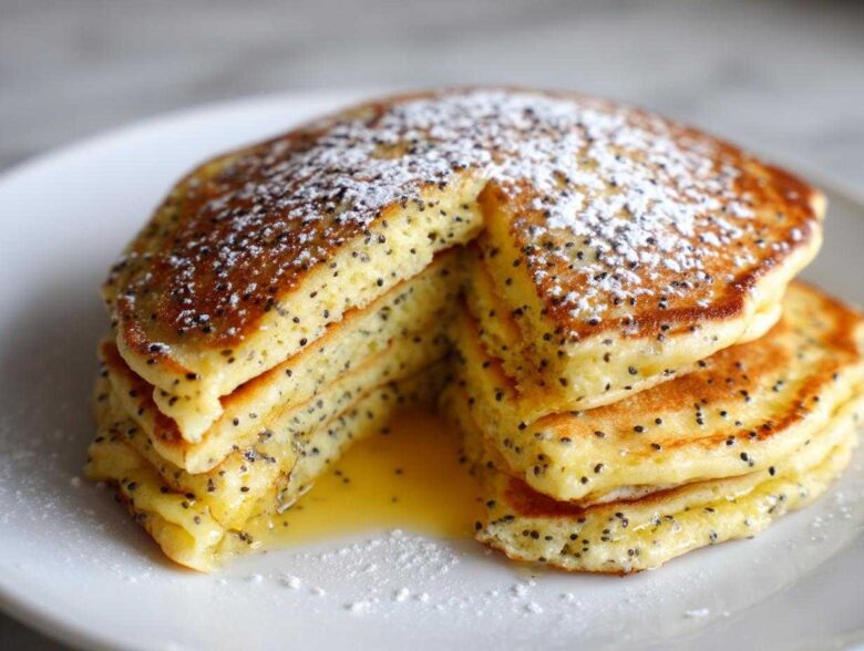 A stack of fluffy Vegan Lemon Poppy Seed Pancakes, cut to show the interior, drizzled with syrup and dusted with powdered sugar.