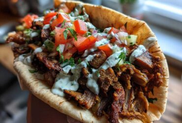 Close-up of a generously filled pita bread with savory Vegan Mushroom Shawarma, topped with fresh salsa and white sauce.