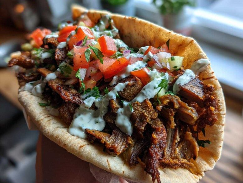 Close-up of a generously filled pita bread with savory Vegan Mushroom Shawarma, topped with fresh salsa and white sauce.