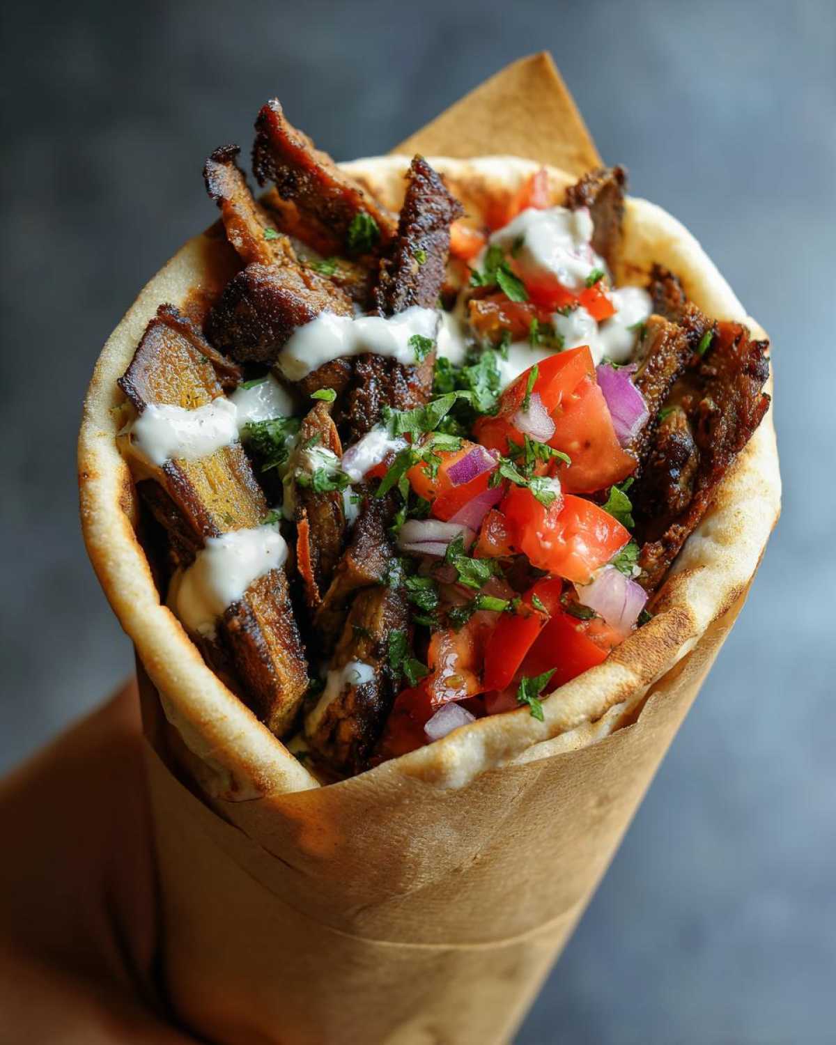 A delicious Vegan Mushroom Shawarma wrapped in pita bread, topped with creamy sauce and fresh tomato and onion salsa.