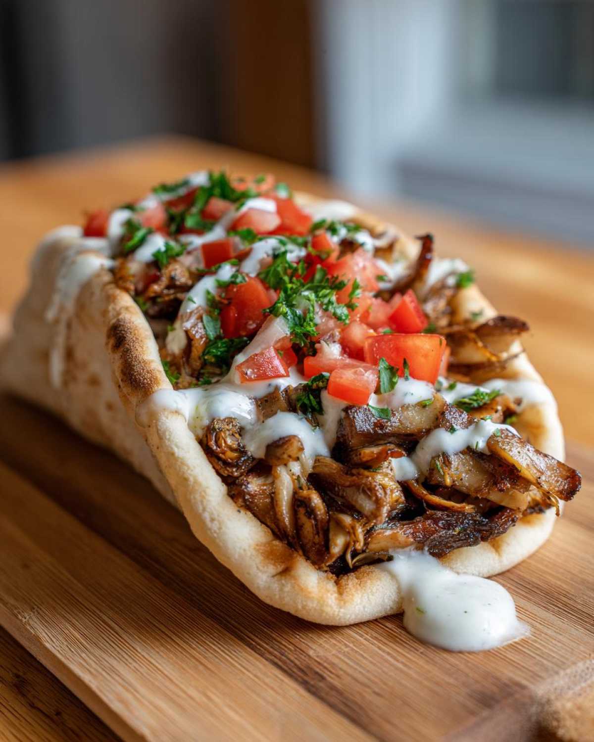 A close-up of a Vegan Mushroom Shawarma served in pita bread, topped with white sauce, diced tomatoes, and parsley.