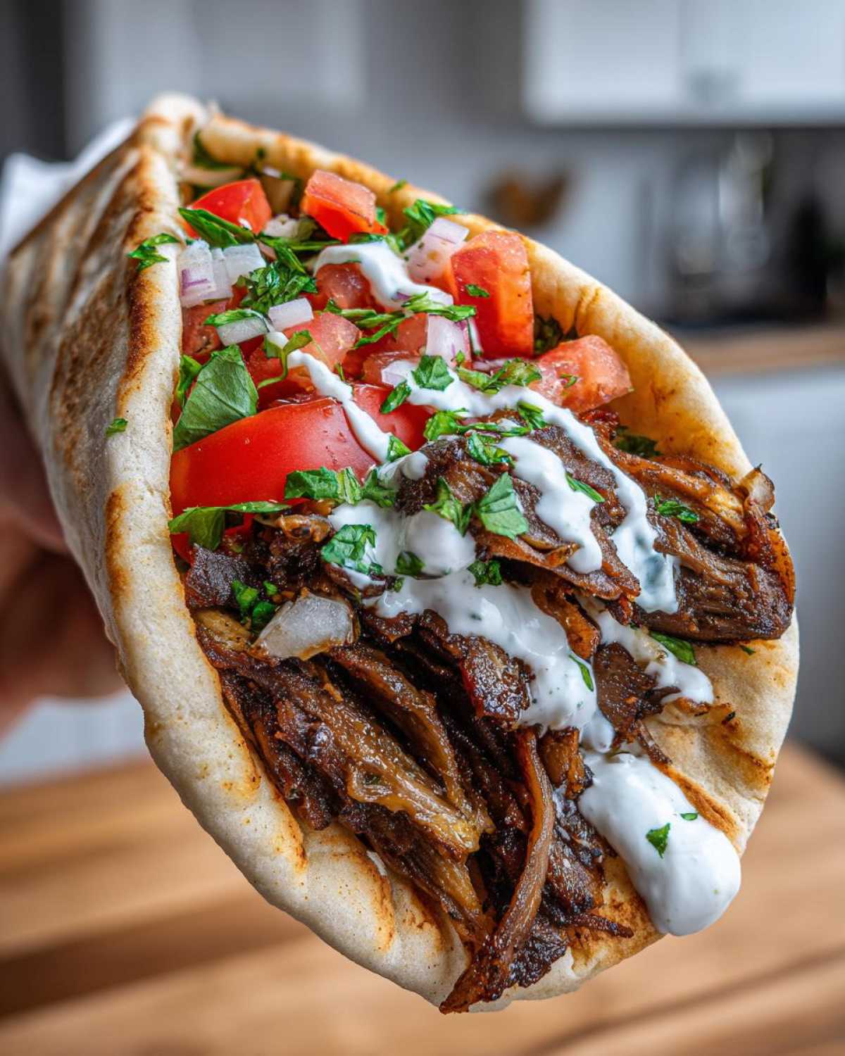 Close-up of a loaded Vegan Mushroom Shawarma wrapped in warm pita bread with tomatoes, onions, and white sauce.