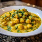A close-up of a white bowl filled with rich, yellow Vegetarian Chickpea Curry with Coconut Milk, garnished with fresh cilantro.