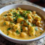 A close-up of a bowl filled with rich, creamy Vegetarian Chickpea Curry with Coconut Milk, garnished with fresh cilantro.