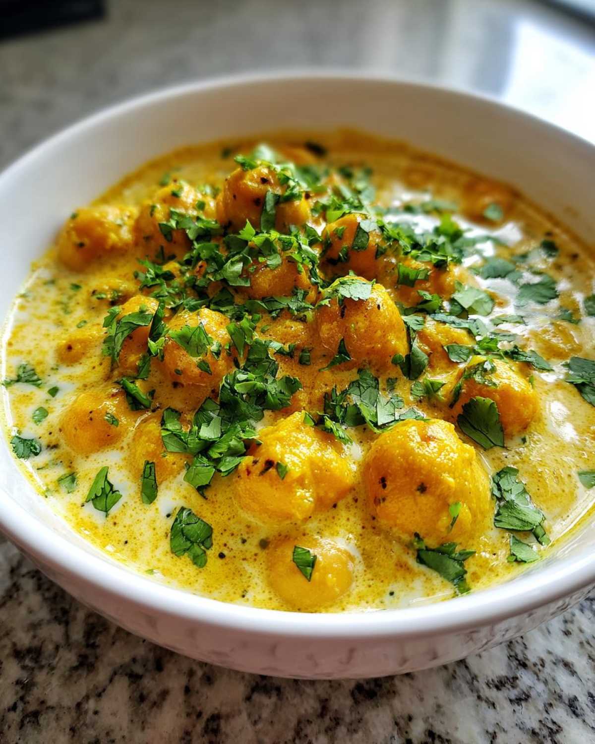 A close-up of rich, yellow Vegetarian Chickpea Curry with Coconut Milk, topped generously with fresh cilantro.