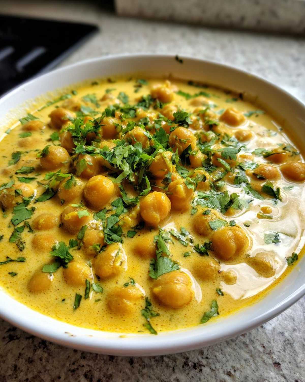 A close-up of a white bowl filled with rich, yellow Vegetarian Chickpea Curry with Coconut Milk, topped generously with fresh cilantro.