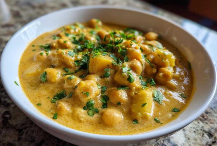 A close-up of a bowl filled with rich, creamy Vegetarian Chickpea Curry with Coconut Milk, garnished with fresh cilantro.
