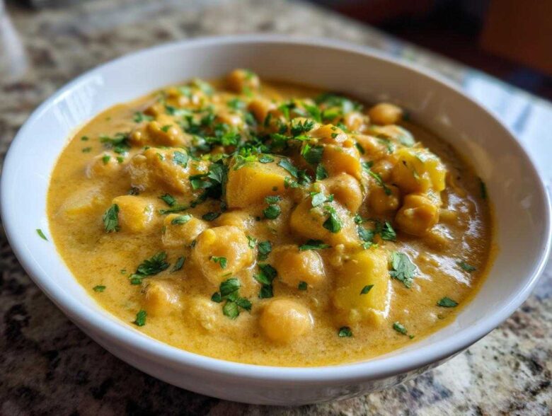 A close-up of a bowl filled with rich, creamy Vegetarian Chickpea Curry with Coconut Milk, garnished with fresh cilantro.