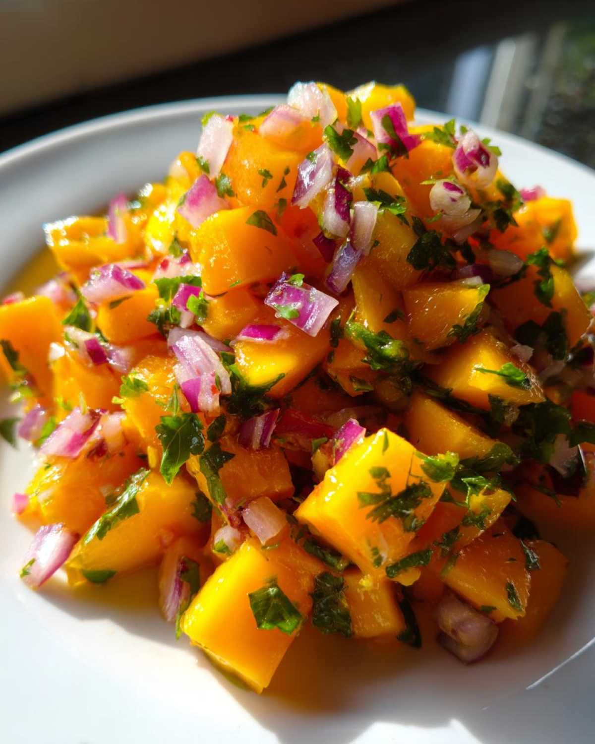 Close-up of a bright mound of Spicy Mango Salsa featuring diced yellow mango, purple red onion, and green herbs.