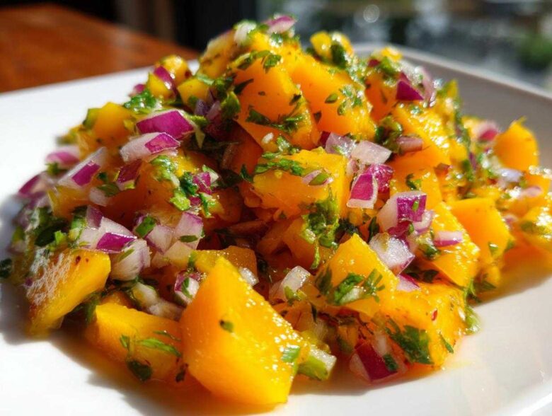 Close-up of bright orange chunks of mango mixed with diced red onion and fresh cilantro in a vibrant Spicy Mango Salsa.