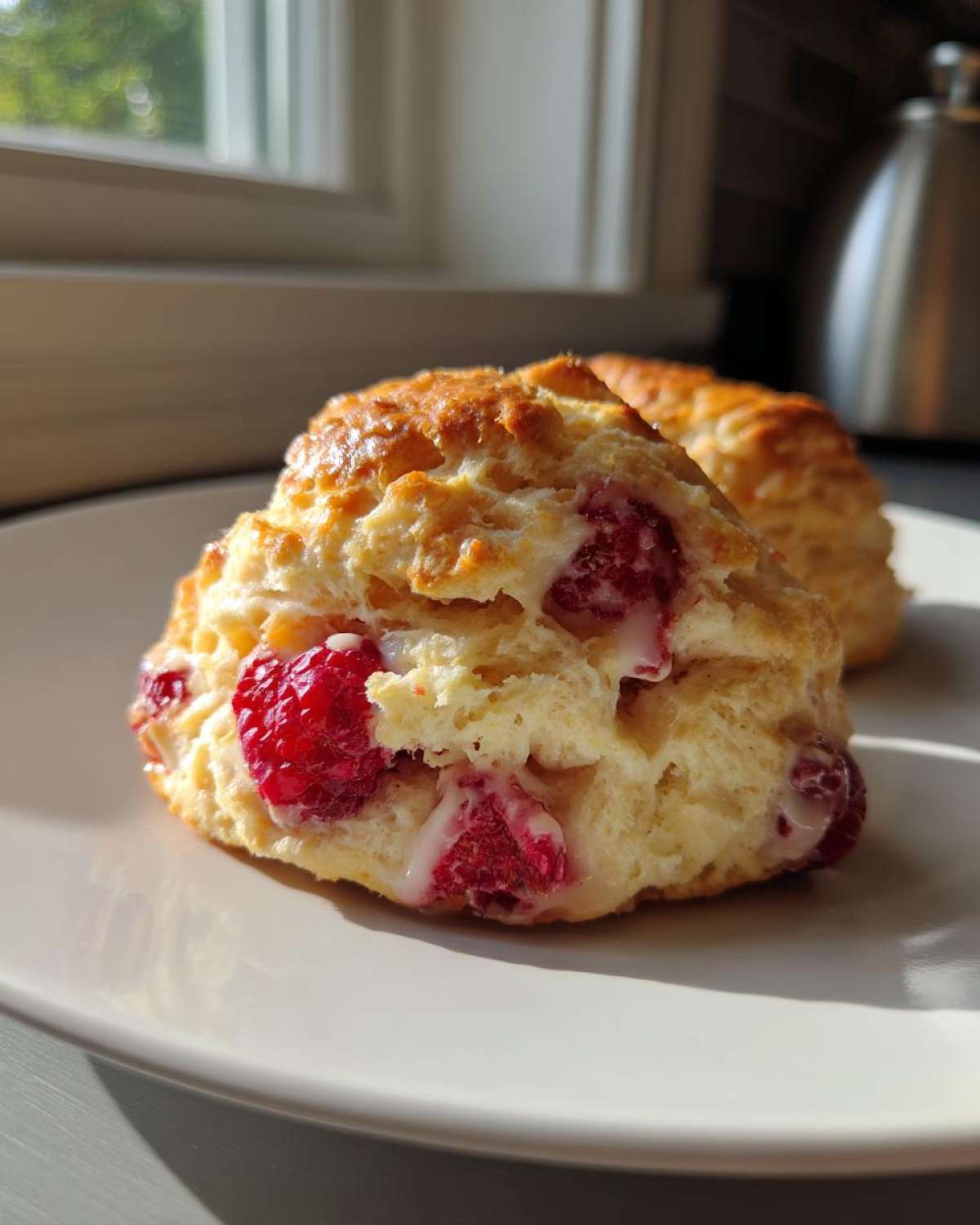 A close-up of a freshly baked White Chocolate Raspberry Scone on a white plate, featuring bright red raspberries and white chocolate drizzle.