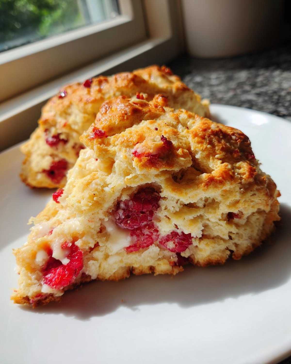 A close-up view of a freshly baked White Chocolate Raspberry Scones, showing the flaky interior filled with bright red raspberries and melted white chocolate.