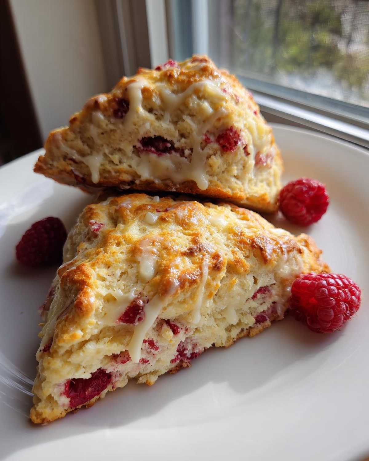 Two freshly baked White Chocolate Raspberry Scones stacked on a white plate, drizzled with white glaze and garnished with fresh raspberries.