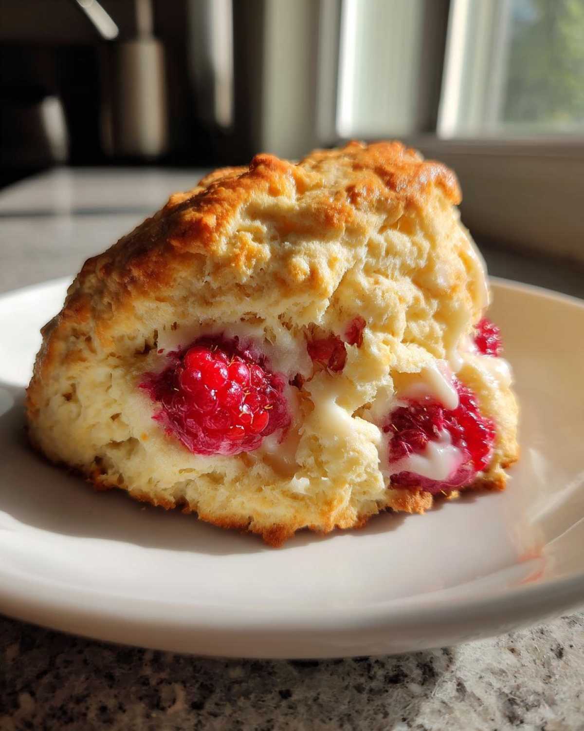 A cross-section view of a fluffy White Chocolate Raspberry Scones showing melted white chocolate and bright red raspberries inside.