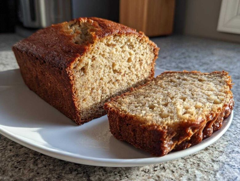 A loaf of freshly baked Banana Bread, partially sliced, showing its moist interior texture.