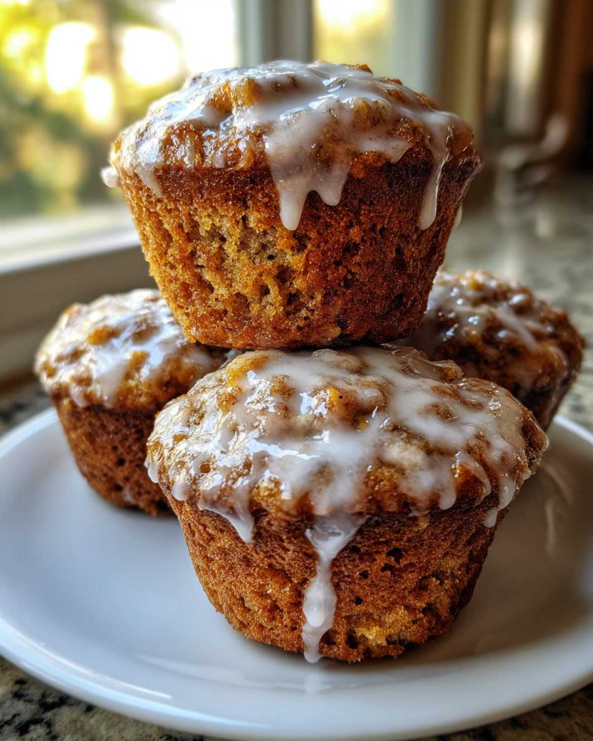 A stack of three golden brown Apple Fritter Muffins topped with a thick, dripping simple glaze.