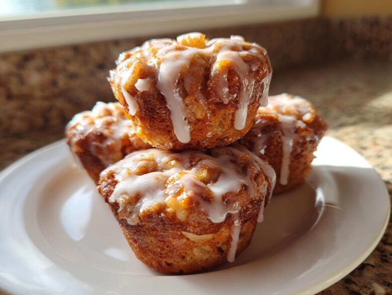 A stack of three golden brown apple fritter muffins generously drizzled with a simple white glaze.