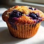 A close-up, sunlit photo of a single Bakery Style Blueberry Muffin with a golden-brown top sprinkled with coarse sugar.