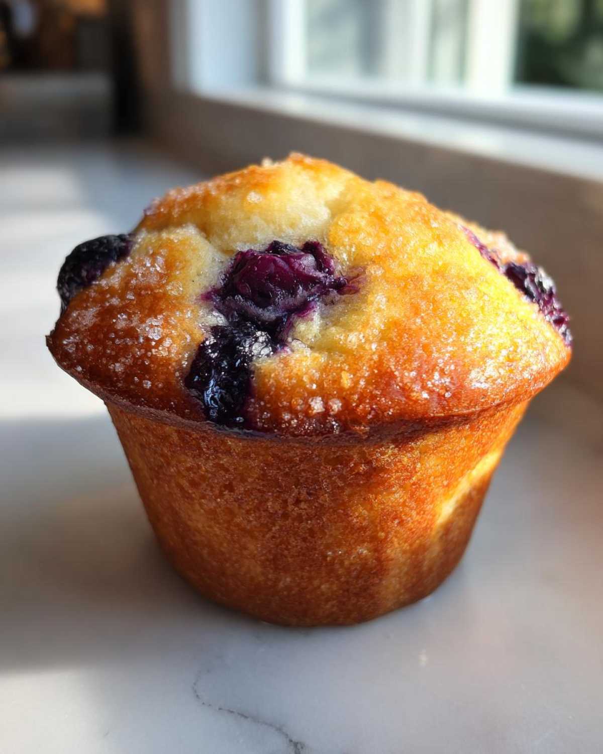 Close-up of a perfectly baked Bakery Style Blueberry Muffin with a golden dome top sprinkled with coarse sugar.