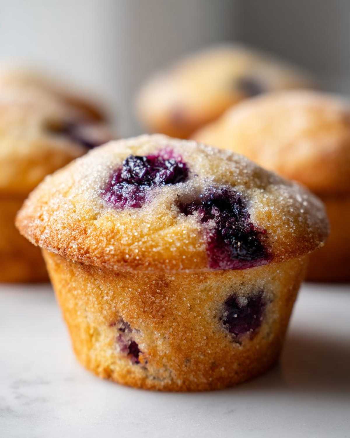A close-up shot of one Bakery Style Blueberry Muffin, topped with coarse sugar and bursting with blueberries.