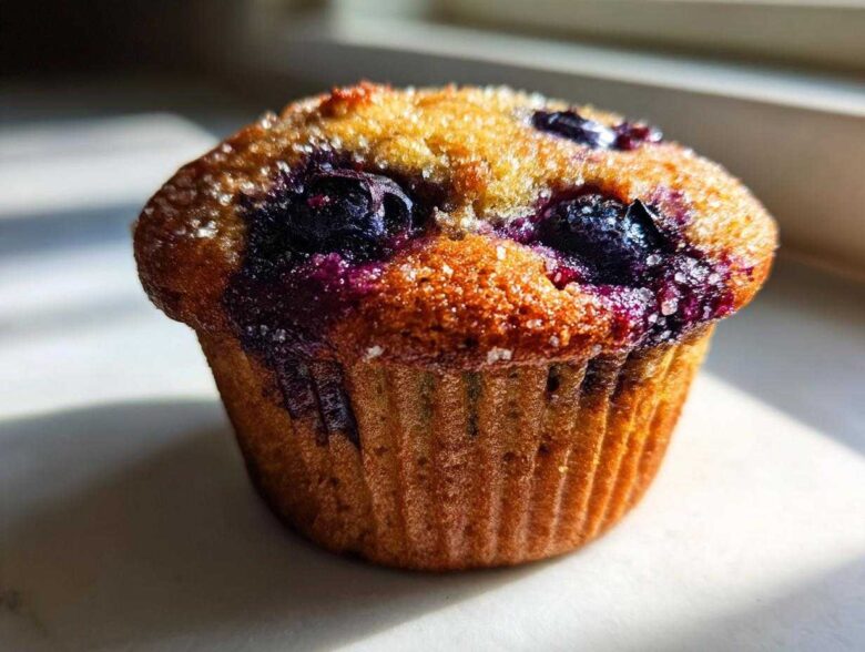 A close-up, sunlit photo of a single Bakery Style Blueberry Muffin with a golden-brown top sprinkled with coarse sugar.