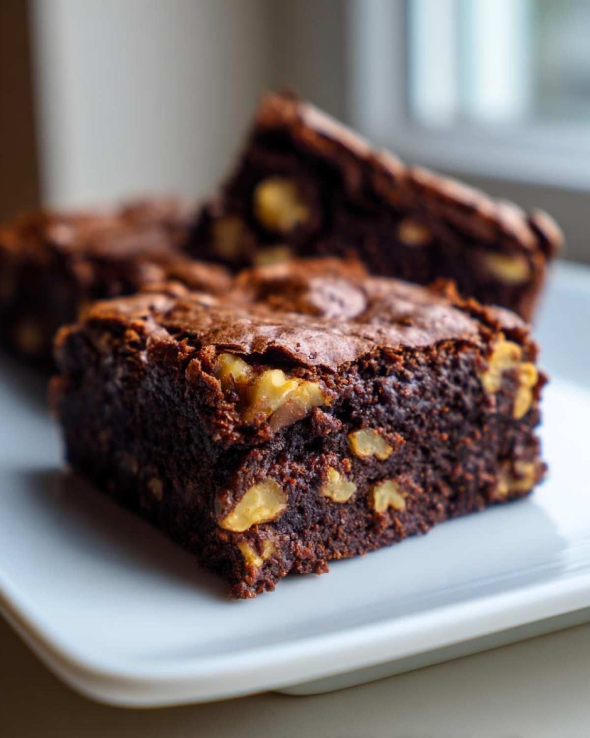 Close-up of rich, fudgy Banana Bread Brownies with Walnuts scattered throughout, served on a white plate.