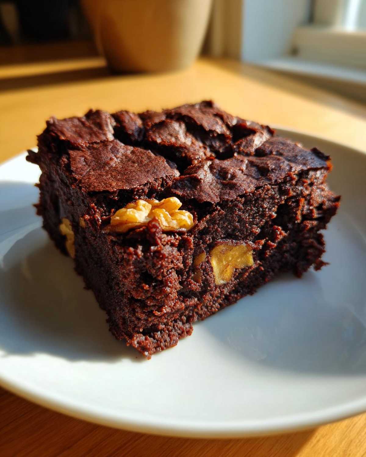 A rich, fudgy square of Banana Bread Brownies with Walnuts served on a white plate.