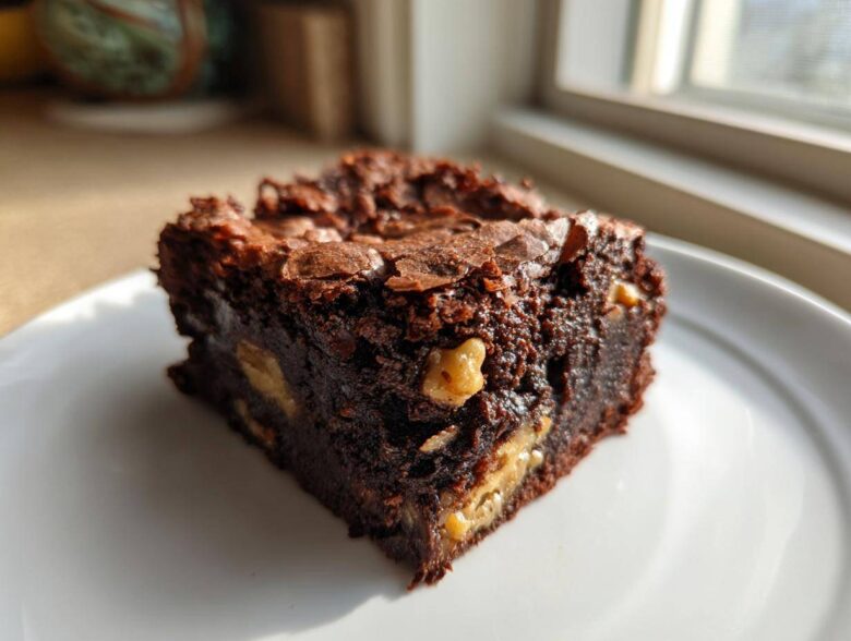 A close-up, sunlit view of a rich, fudgy Banana Bread Brownies with Walnuts square on a white plate.