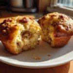 A Banana Walnut Cottage Cheese Muffin Breakfast cut in half on a white plate, showing the moist interior with walnuts.