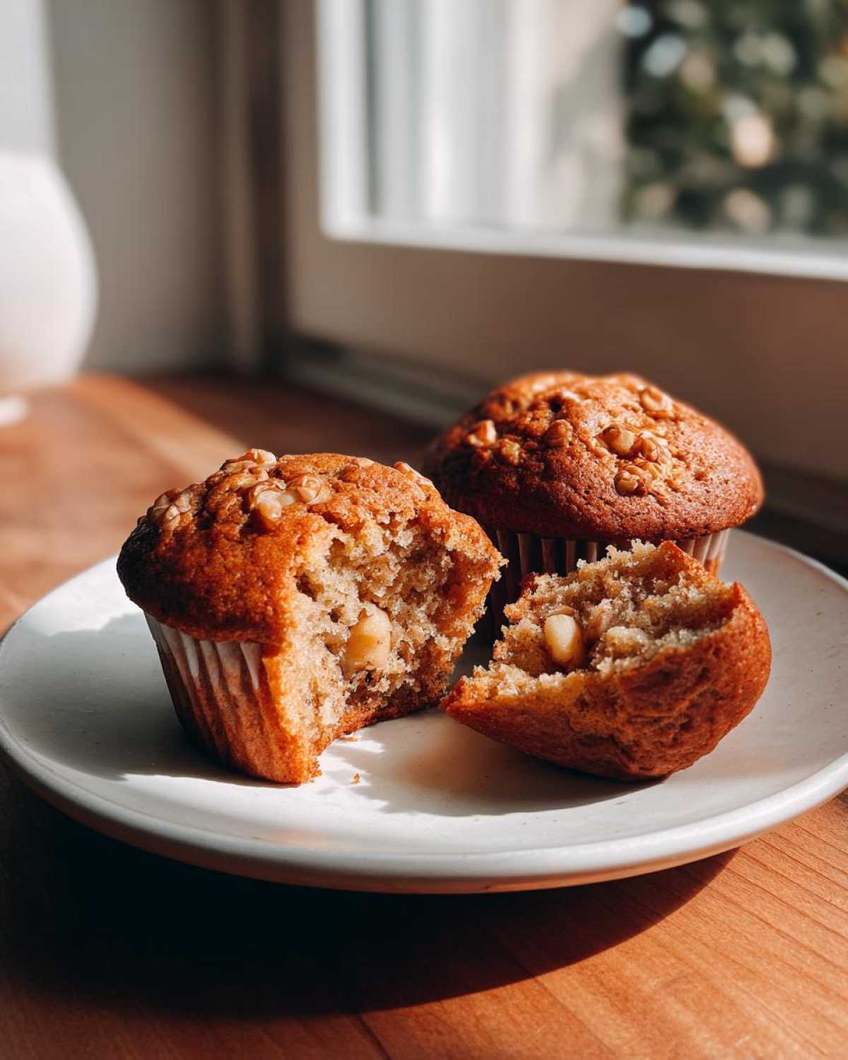 Close-up of a Banana Walnut Cottage Cheese Muffin Breakfast, one muffin broken open showing walnuts inside.
