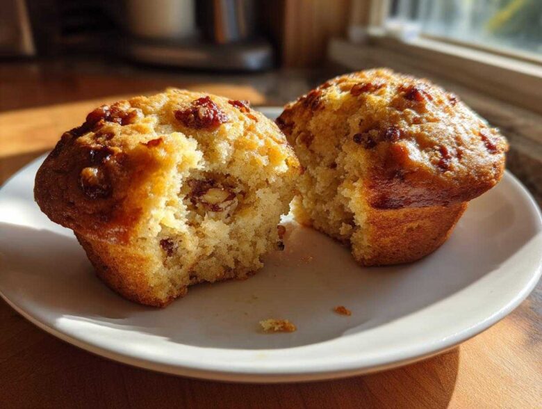 A Banana Walnut Cottage Cheese Muffin Breakfast cut in half on a white plate, showing the moist interior with walnuts.