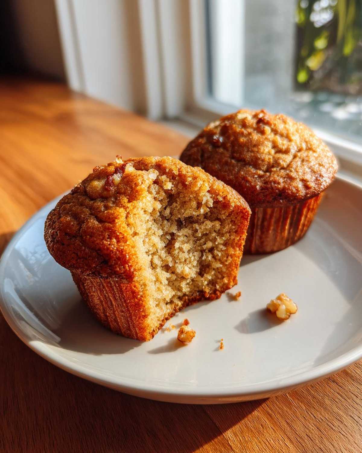 Close-up of a Banana Walnut Cottage Cheese Muffin Breakfast cut in half showing the moist interior texture.