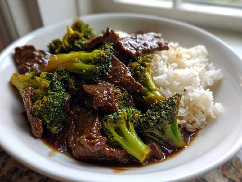 A close-up of a white bowl filled with Beef and Broccoli Stir Fry served next to fluffy white rice.