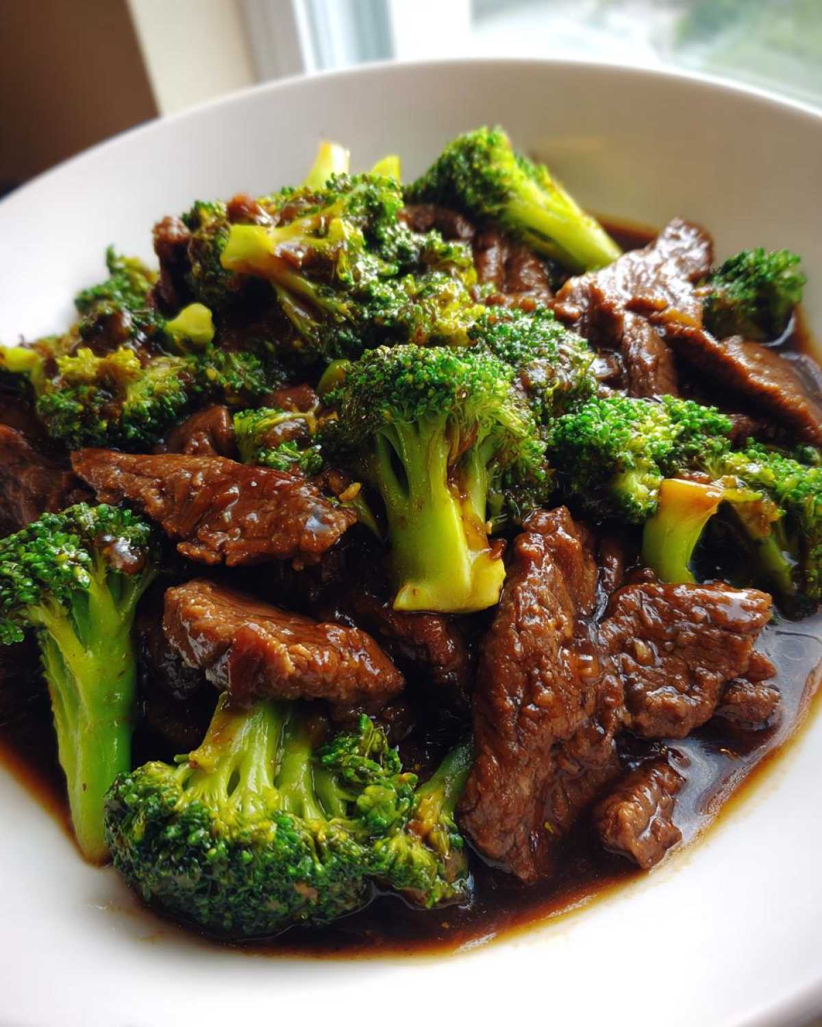 A close-up of tender slices of beef and bright green broccoli florets coated in a rich, dark sauce, showcasing the Beef and Broccoli Stir Fry.