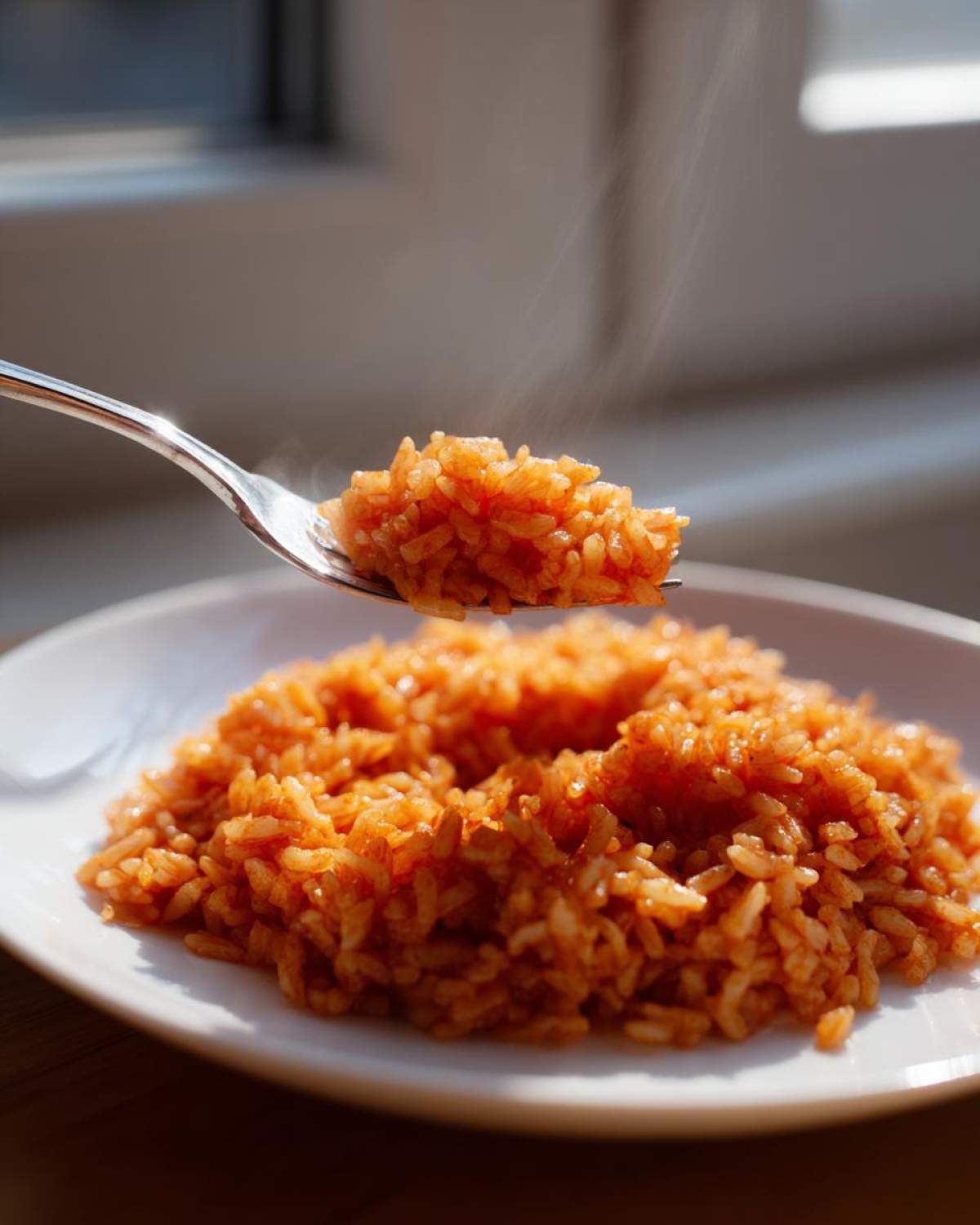 A fork lifting a bite of steaming hot Spanish rice from a white plate.