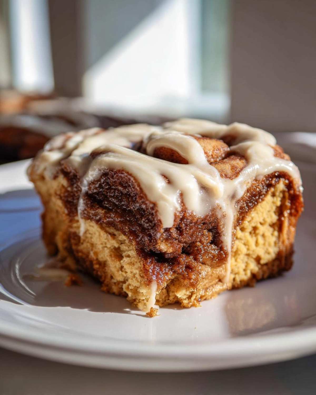A close-up of a single serving of Biscoff Cookie Butter Cinnamon Rolls covered in thick, white icing, sitting on a white plate.